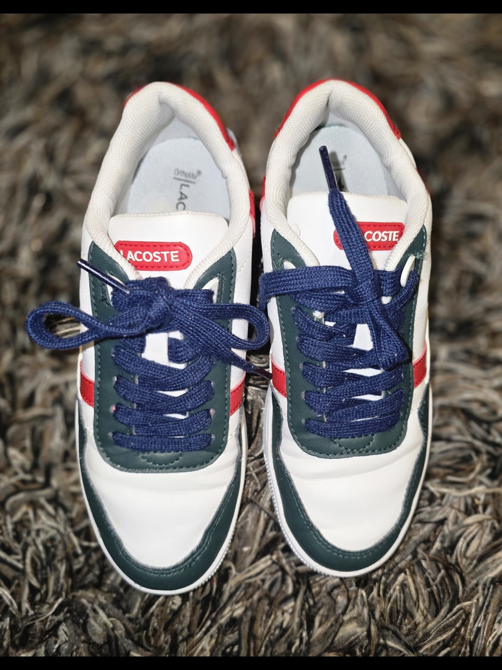 Lacoste White Sneakers with Green Panels & Navy Laces